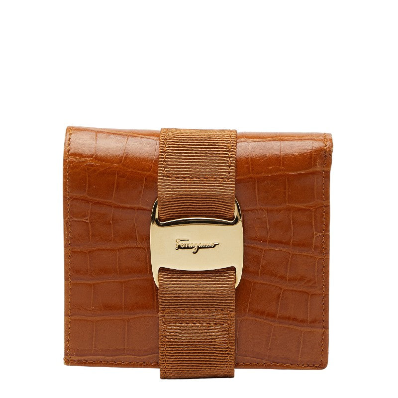 サルヴァトーレフェラガモ ヴァラリボン 二つ折り財布 ブラウン レザー クロコ型押し レディース Salvatore Ferragamo 【中古】