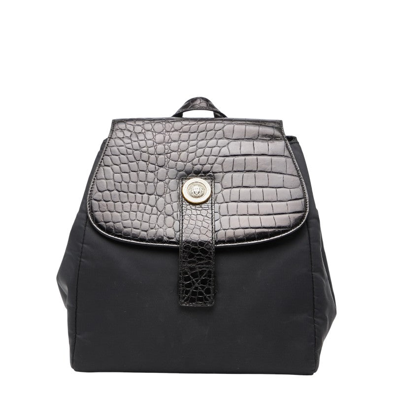 ヴェルサーチェ メデューサ クロコダイル型押し リュック バッグパック ブラック ナイロン レザー レディース VERSACE 【中古】