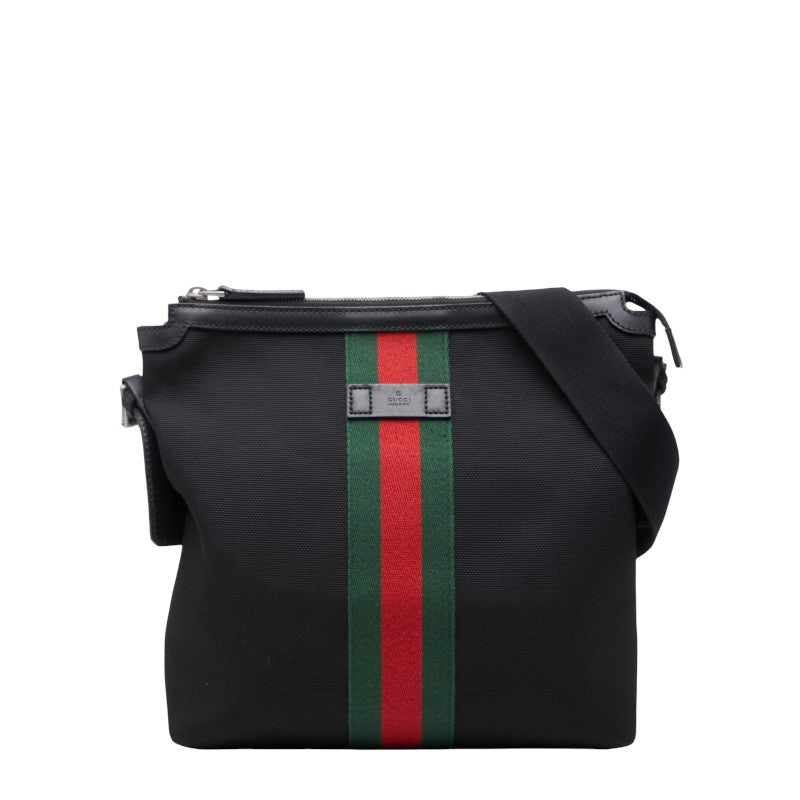 グッチ シェリーライン 斜め掛け ショルダーバッグ 387111 ブラック ナイロン レザー レディース GUCCI 【中古】