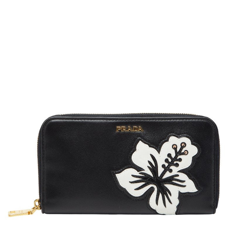 プラダ フラワー フラ ハワイ 長財布 ブラック レザー レディース PRADA 【中古】