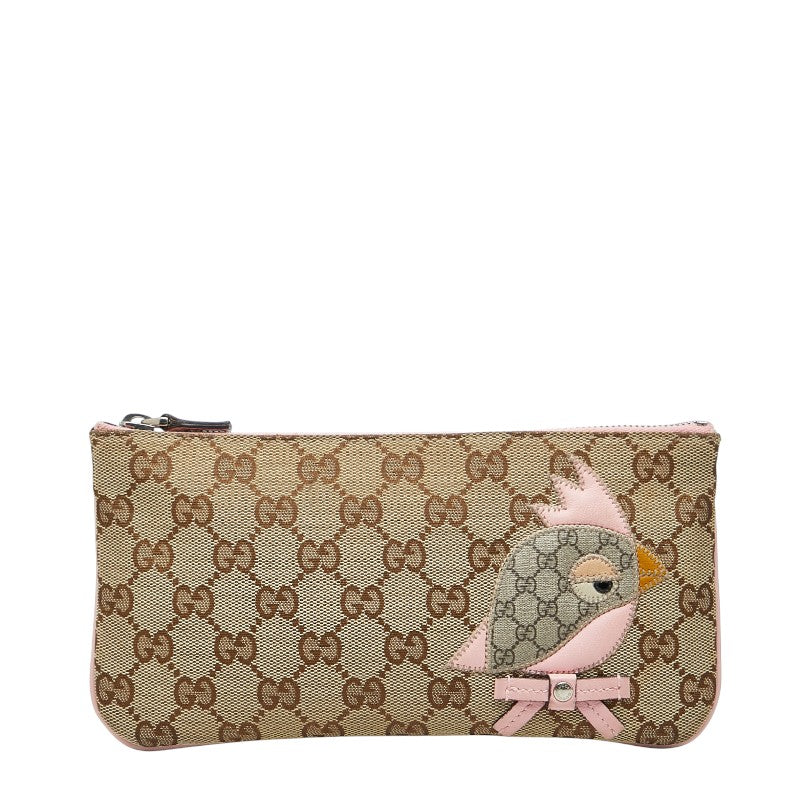 グッチ GGキャンバス パパガッロ オウム ポーチ ベージュ ピンク キャンバス レザー レディース GUCCI 【中古】