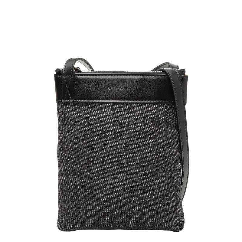 ブルガリ ロゴマニア 斜め掛け ショルダーバッグ ブルー ブラック デニム レザー レディース BVLGARI 【中古】