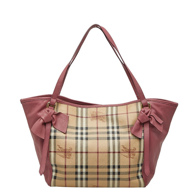 バーバリー ノバチェック シャドーホース リボン トートバッグ ハンドバッグ ベージュ マルチカラー PVC レザー レディース BURBERRY 【中古】