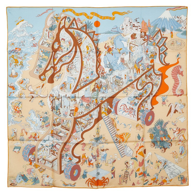 エルメス カレ90 ACADEMIA HIPPICA スカーフ ライトブルー マルチカラー レディース HERMES 【中古】