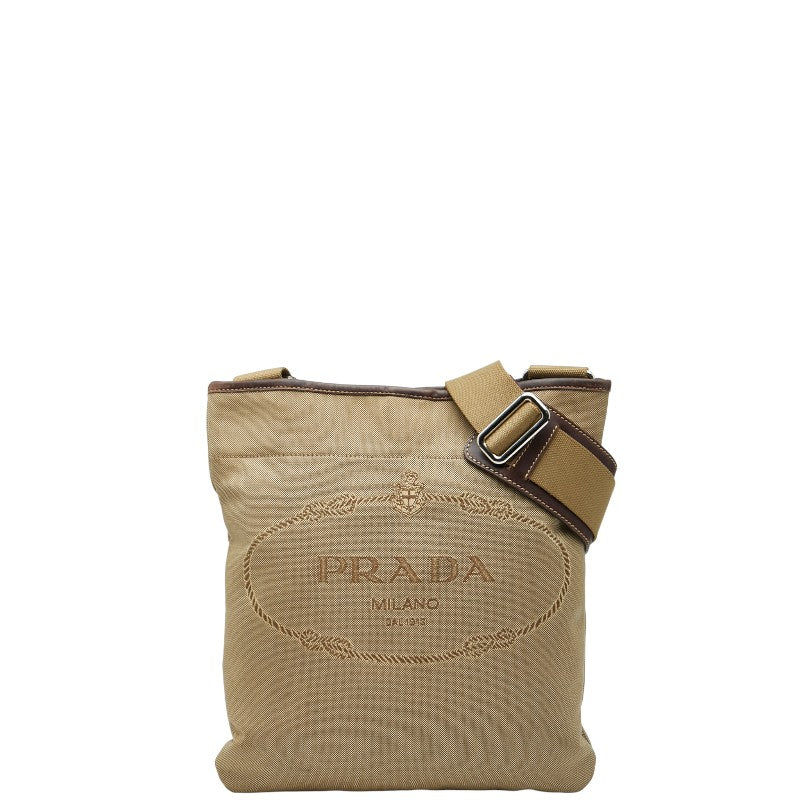 プラダ ロゴ 斜め掛け ショルダーバッグ カーキ ブラウン キャンバス レザー レディース PRADA 【中古】