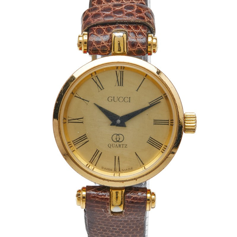 グッチ シェリーライン 腕時計 クオーツ ゴールド文字盤 メッキ レザー レディース GUCCI 【中古】