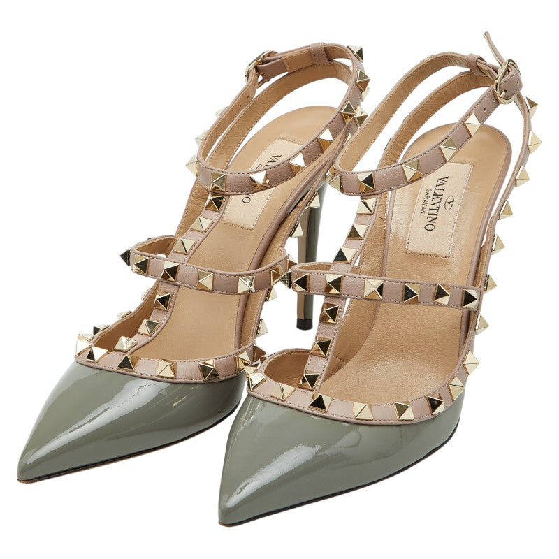 ヴァレンティノ ロックスタッズ パンプス ハイヒール ポインテッドトゥ サイズ37 グレー系 ピンク系 エナメル レディース VALENTINO 【中古】
