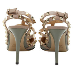 ヴァレンティノ ロックスタッズ パンプス ハイヒール ポインテッドトゥ サイズ37 グレー系 ピンク系 エナメル レディース VALENTINO 【中古】