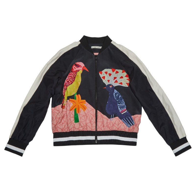 アリスオリビア 鳥 ビジュー ブルゾン ボンバージャケット サイズXS ブラック マルチカラー シルク レディース alice+olivia 【中古】