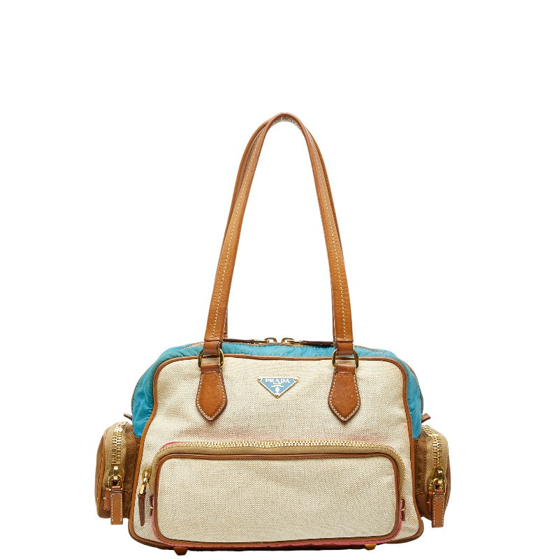 プラダ 三角ロゴプレート ハンドバッグ ブラウン ブルー ピンク キャンバス ナイロン レザー レディース PRADA 【中古】