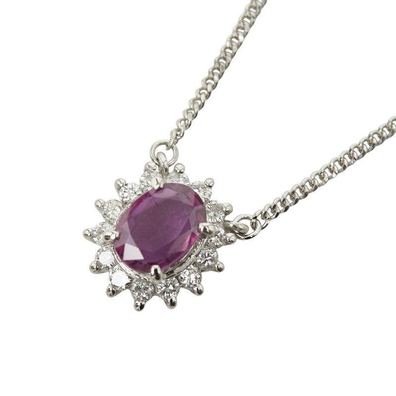 Pt850 プラチナ ピンクサファイア0.90ct ダイヤ0.28ct ネックレス レディース 【中古】