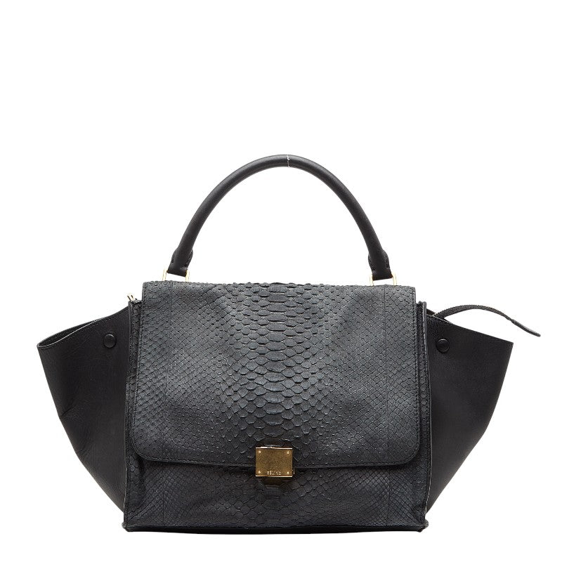 セリーヌ トラペーズ パイソン ハンドバッグ グレー ブラック レザー レディース CELINE 【中古】