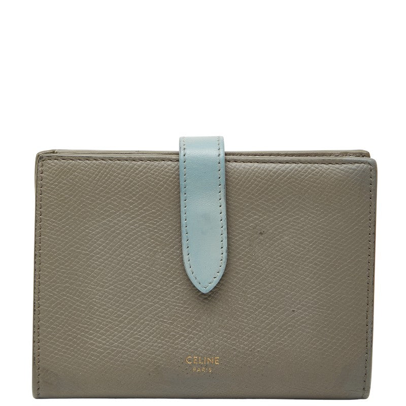 セリーヌ ミディアム ストラップ ウォレット 二つ折り財布 ベージュ ブルー レザー レディース CELINE 【中古】