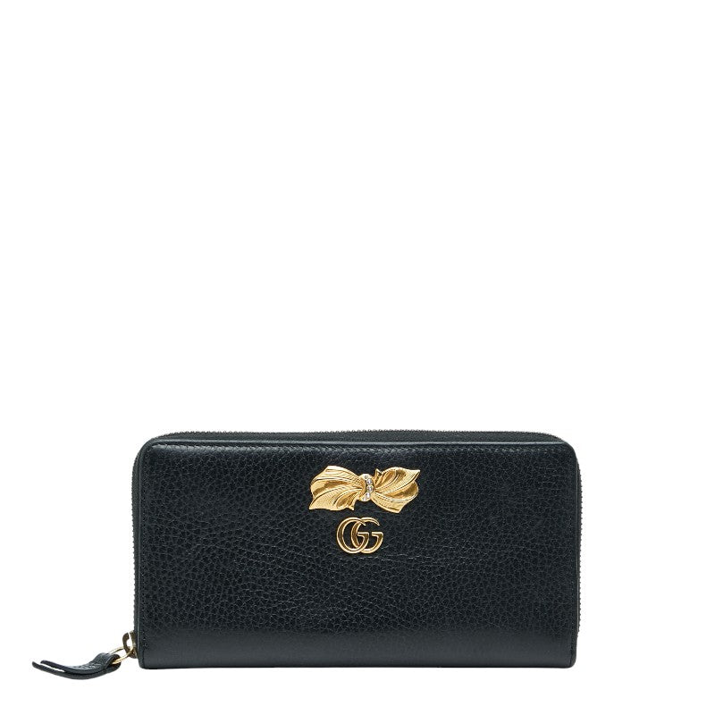 グッチ GGマーモント リボン ラウンドファスナー 長財布 524291 ブラック レザー レディース GUCCI 【中古】