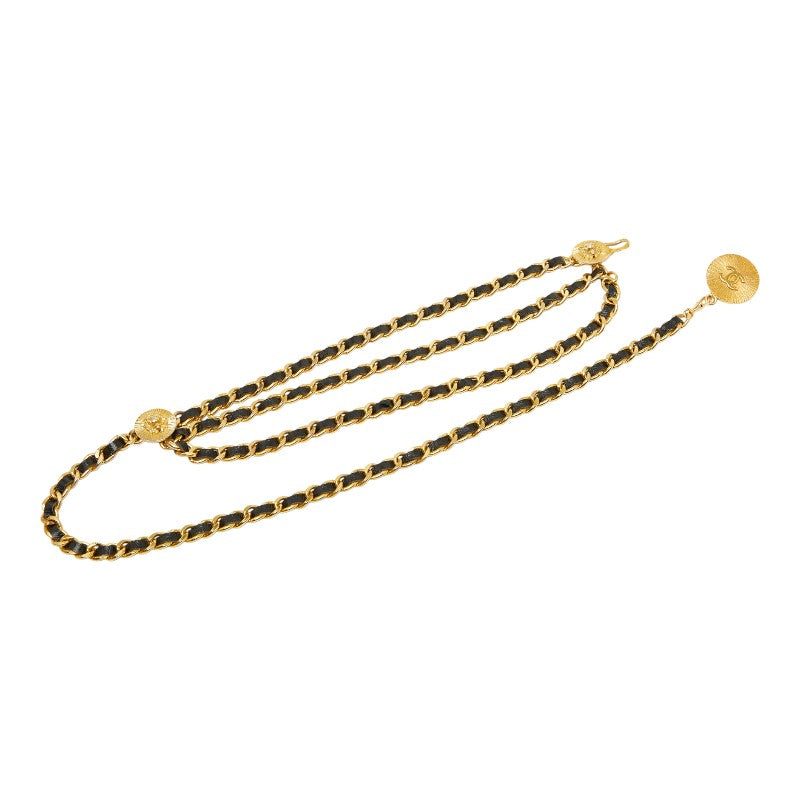 シャネル ココマーク ライオン モチーフ チェーンベルト ゴールド ブラック メッキ レザー レディース CHANEL 【中古】