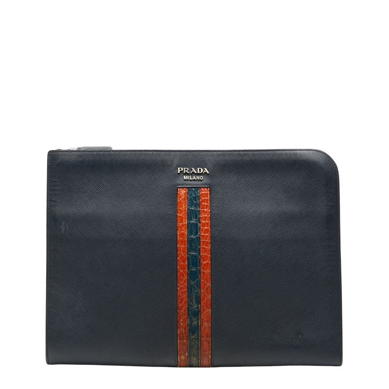 プラダ ドキュメントケース 2VN003 ネイビー オレンジ ブルー サフィアーノレザー メンズ PRADA 【中古】