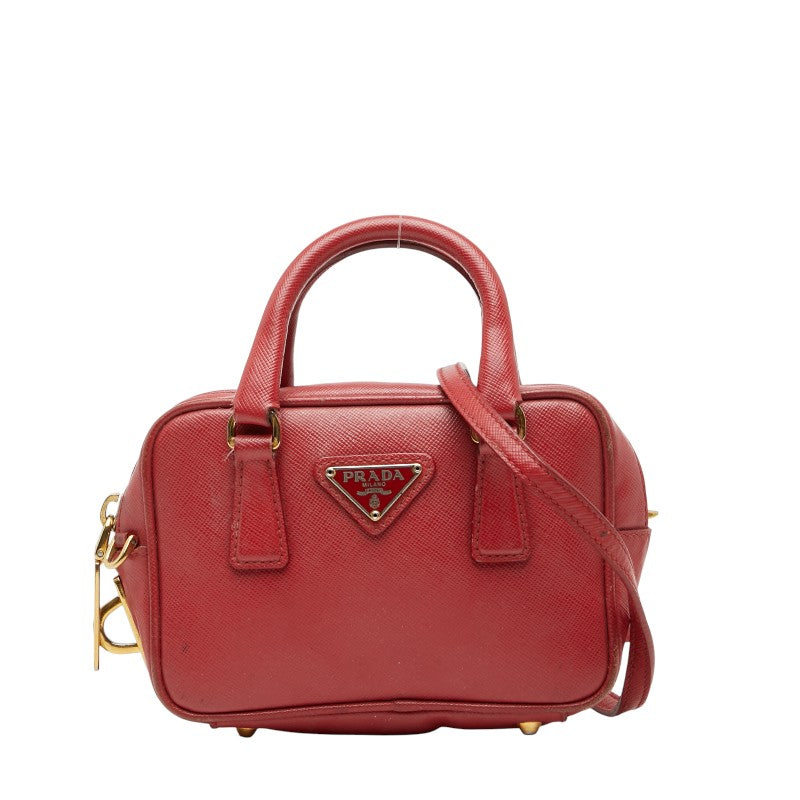プラダ 三角ロゴプレート ラックス ミニ ショルダーバッグ ハンドバッグ 2WAY レッド サフィアーノレザー レディース PRADA 【中古】