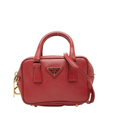 プラダ 三角ロゴプレート ラックス ミニ ショルダーバッグ ハンドバッグ 2WAY レッド サフィアーノレザー レディース PRADA 【中古】