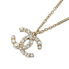 シャネル ココマーク ラインストーン パール ネックレス シャンパンゴールド メッキ フェイクパール レディース CHANEL 【中古】