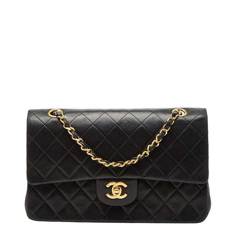 シャネル ココマーク マトラッセ25 ダブルフラップ チェーンショルダーバッグ ブラック ラムスキン レディース CHANEL 【中古】