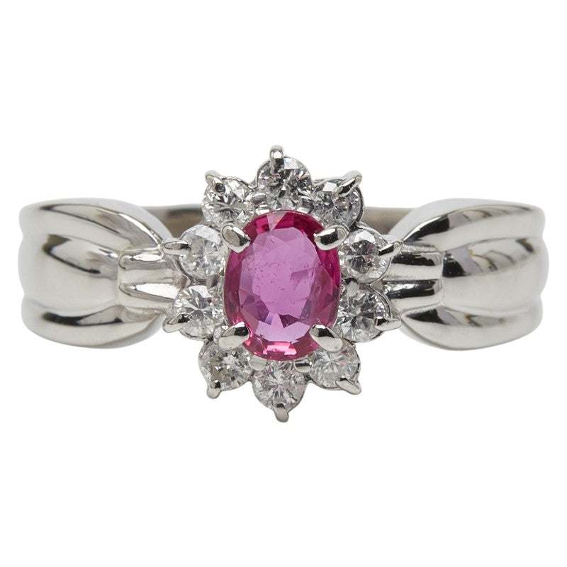 Pt900 プラチナ ルビー0.45ct ダイヤ0.26ct フラワーモチーフ リング 指輪 レディース 10号 【中古】