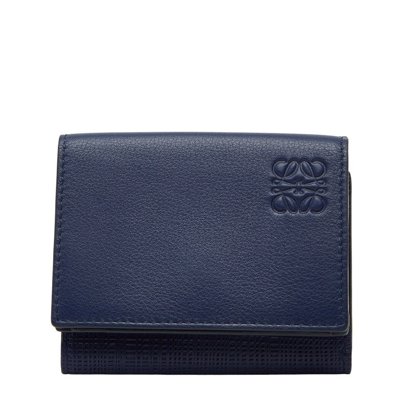 ロエベ リネン 三つ折り財布 トライフォールドウォレット ブルー レザー レディース LOEWE 【中古】