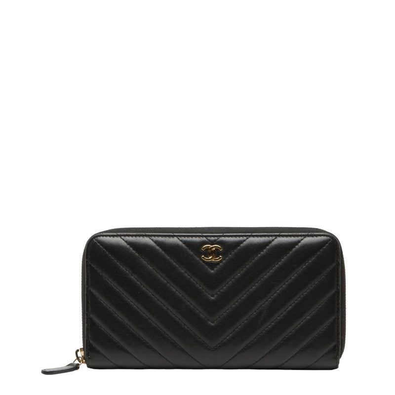 シャネル ココマーク シェブロン ラウンドファスナー 長財布 ブラック ラムスキン レディース CHANEL 【中古】