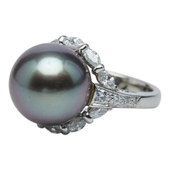 Pt900 プラチナ 黒蝶真珠12.7mm ダイヤ0.79ct リング 指輪 レディース 9.5号 【中古】