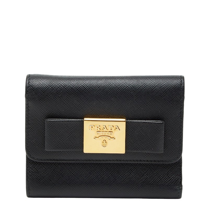 プラダ ロゴ リボン 三つ折り財布 ブラック ゴールド サフィアーノレザー レディース PRADA 【中古】