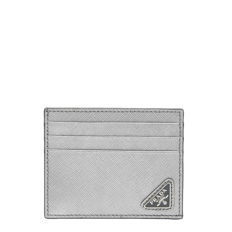 プラダ 三角ロゴプレート カードケース シルバー レザー レディース PRADA 中古