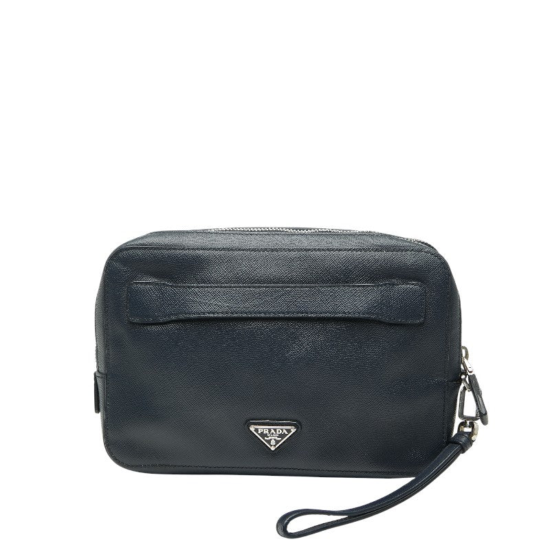 プラダ 三角ロゴプレート セカンドバッグ クラッチバッグ ネイビー サフィアーノレザー メンズ PRADA 【中古】