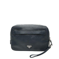 プラダ 三角ロゴプレート セカンドバッグ クラッチバッグ ネイビー サフィアーノレザー メンズ PRADA 【中古】