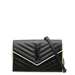 サンローラン YSLロゴ チェーン ウォレット ショルダーバッグ ブラック ホワイト レザー レディース SAINT LAURENT 【中古】
