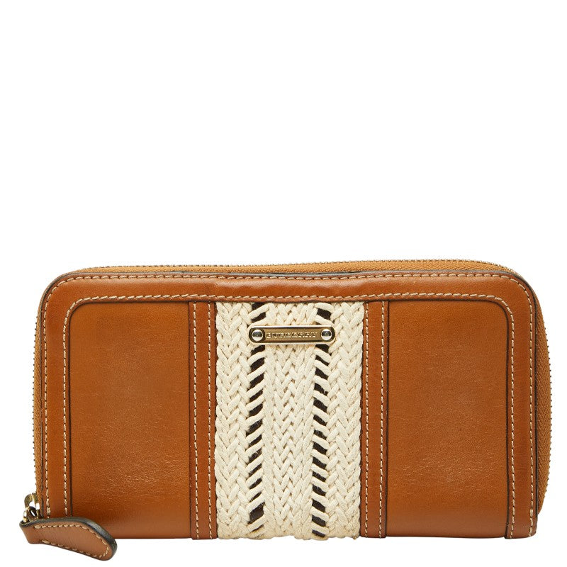 バーバリー ラウンドファスナー 長財布 ブラウン アイボリー レザー レディース BURBERRY 【中古】