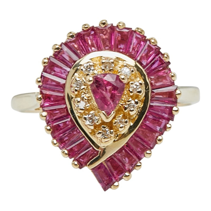 K18YG イエローゴールド ルビー1.20ct ダイヤ0.05ct ペアーシェイプカット リング 指輪 レディース 9.5号 【中古】