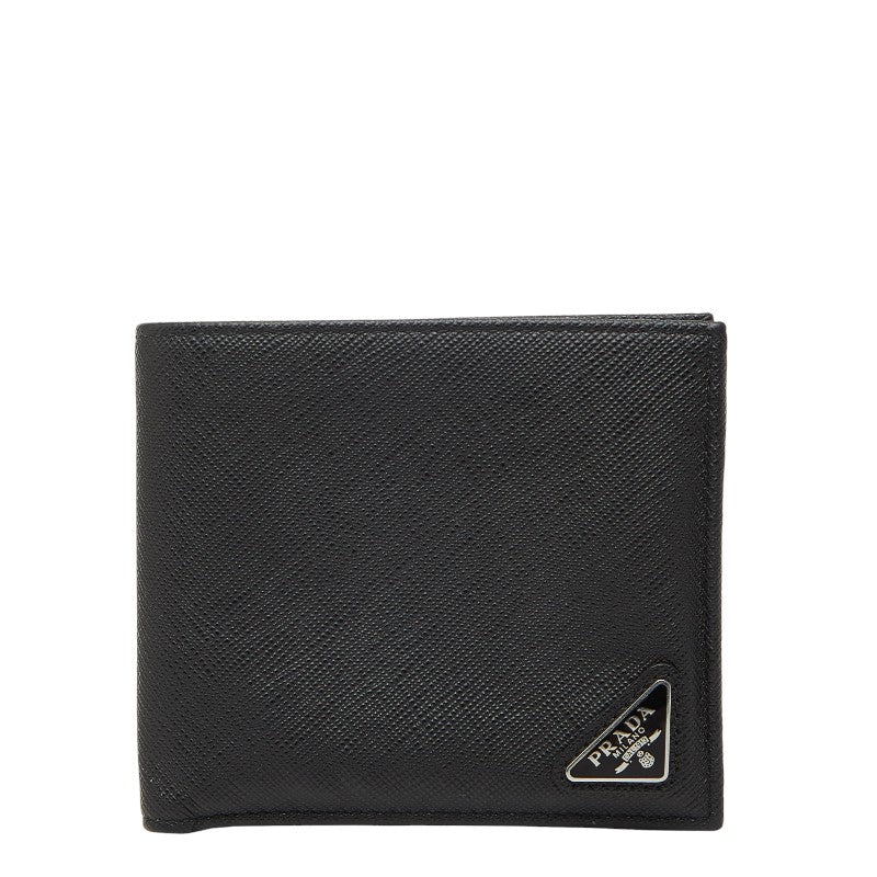 プラダ 三角ロゴプレート 二つ折り財布 ブラック サフィアーノレザー レディース PRADA 【中古】