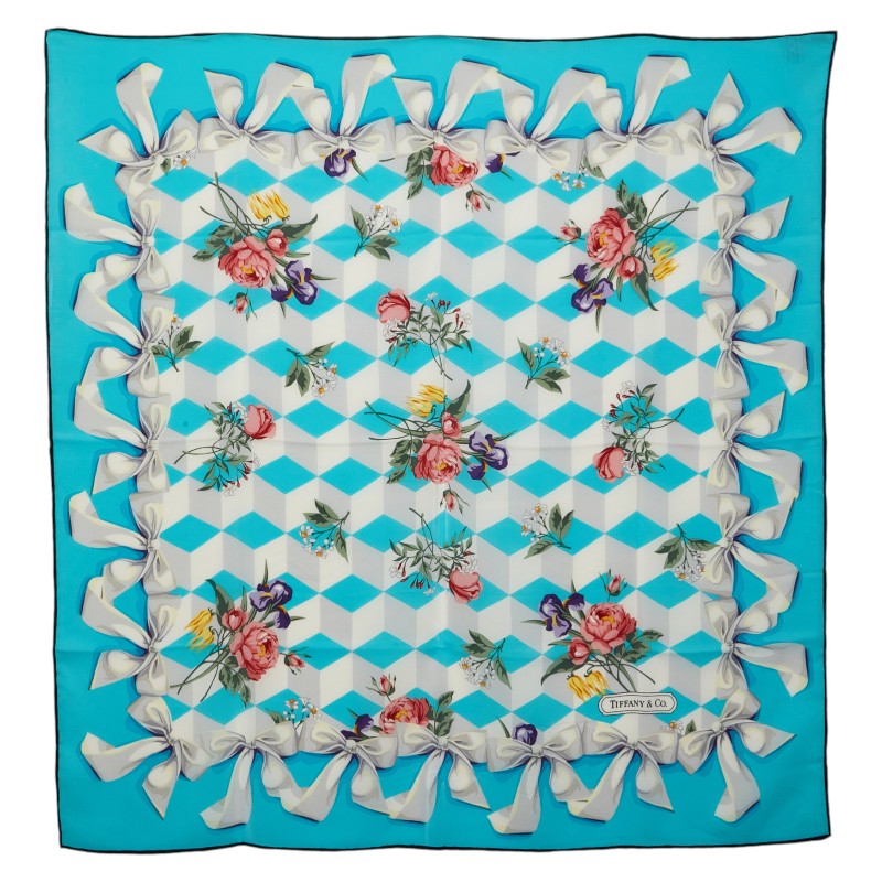ティファニー 花 リボン 大判 スカーフ ティファニーブルー シルク レディース TIFFANY&Co. 【中古】