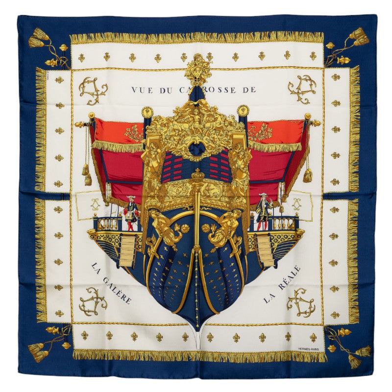 エルメス カレ90 VUE DU CAROSSE DE LA GALERE LA REALE クイーンの戴冠式 スカーフ ブルー マルチカラー シルク レディース HERMES 【中古】