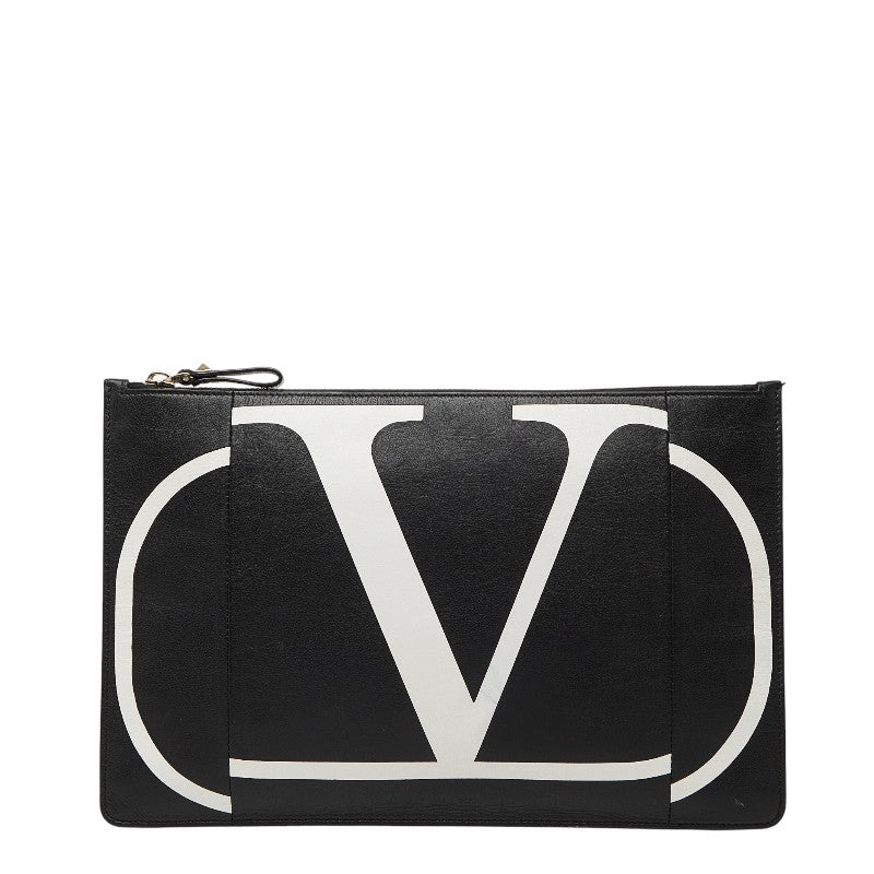 ヴァレンティノ V ロゴ クラッチバッグ ブラック ホワイト レザー レディース VALENTINO 【中古】