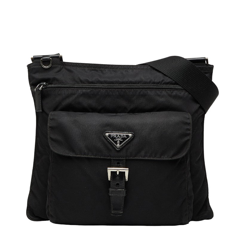 プラダ 三角ロゴプレート ショルダーバッグ ブラック ナイロン レザー レディース PRADA 【中古】