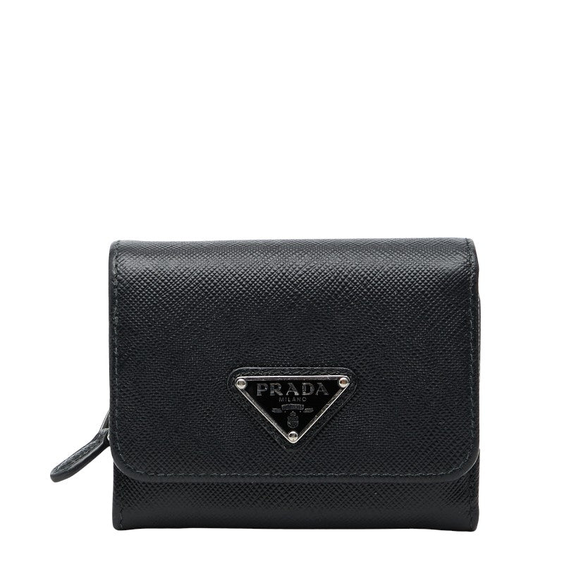 プラダ 三角ロゴプレート 三つ折り財布 ブラック サフィアーノレザー レディース PRADA 【中古】