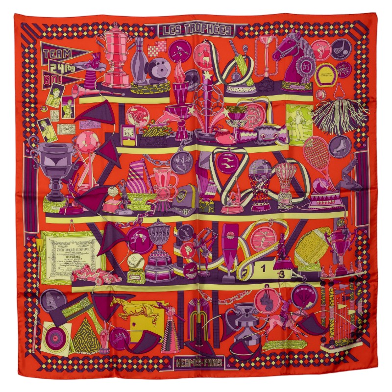 エルメス カレ90 LES TROPHEES スカーフ オレンジ マルチカラー シルク レディース HERMES 【中古】
