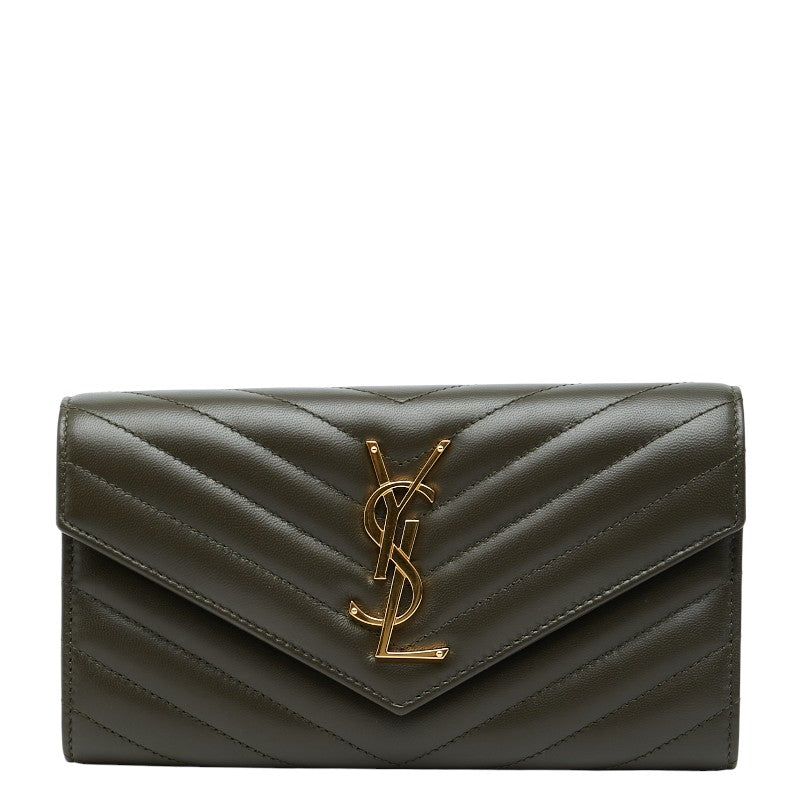 サンローラン カサンドラ Vステッチ 長財布 372264 カーキ レザー レディース SAINT LAURENT 【中古】