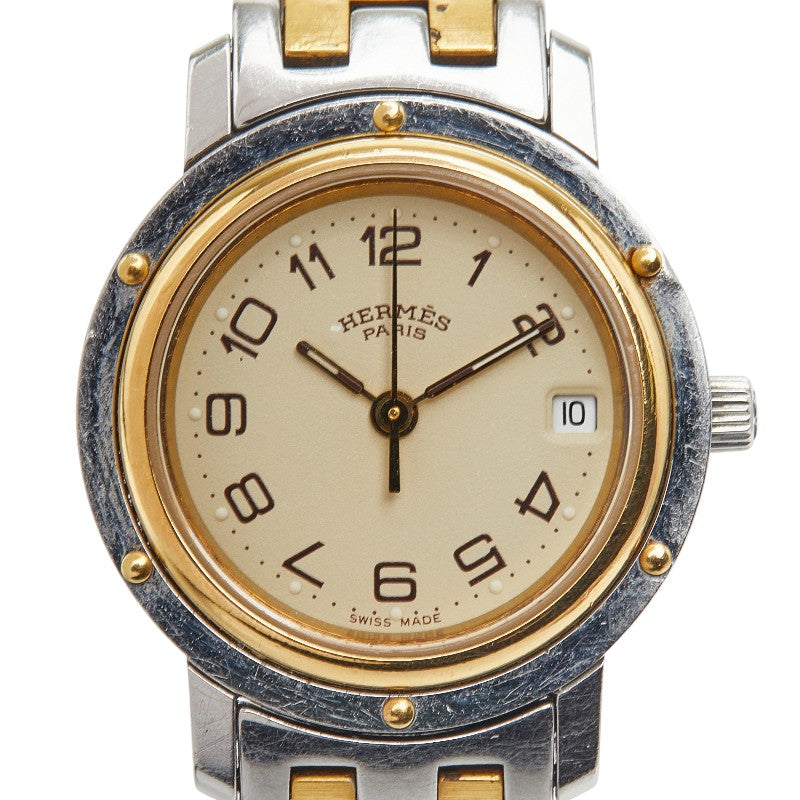 エルメス クリッパー 腕時計 CL3.240 クオーツ ベージュ文字盤 ステンレススチール メッキ レディース HERMES 【中古】