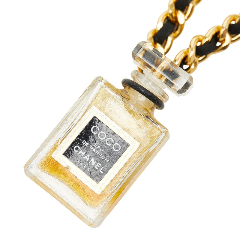 シャネル COCO EAU DE PAPFUM ココ オードゥ パルファム 香水 チェーン ミニボトル ネックレス ゴールド クリア ブラック メッキ レザー レディース CHANEL 【中古】