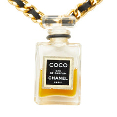 シャネル COCO EAU DE PAPFUM ココ オードゥ パルファム 香水 チェーン ミニボトル ネックレス ゴールド クリア ブラック メッキ レザー レディース CHANEL 【中古】