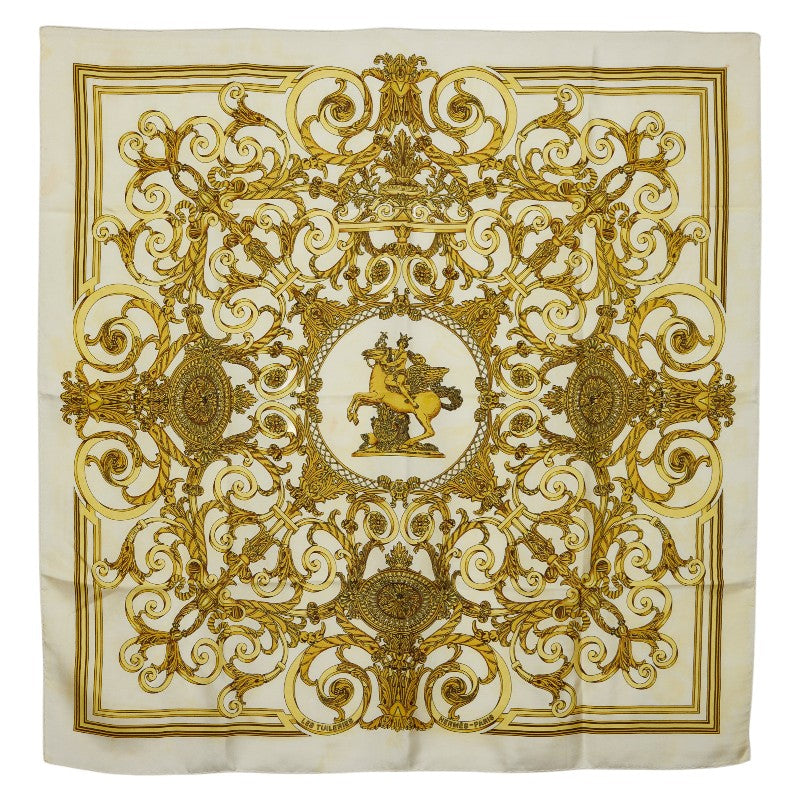 エルメス カレ90 LES TUILERIES チュイルリー公園 スカーフ イエロー アイボリー シルク レディース HERMES 【中古】