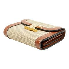 セリーヌ トリオンフ スモールフラップウォレット 二つ折り財布 ベージュ ブラウン キャンバス レザー レディース CELINE 【中古】