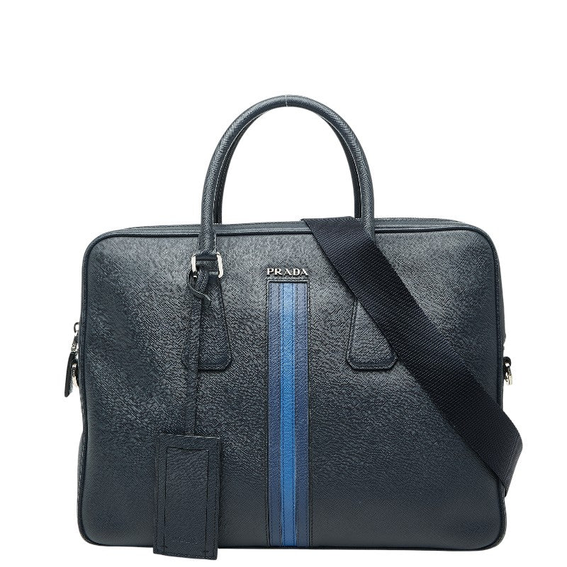 プラダ ビジネスバッグ ブリーフケース ショルダーバッグ 2WAY ネイビー ブルー サフィアーノレザー メンズ PRADA 【中古】