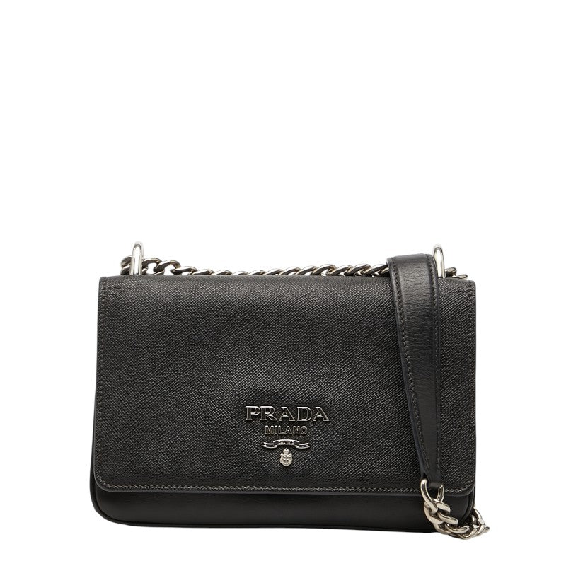 プラダ ロゴ 斜め掛け チェーン ショルダーバッグ 1BD144 ブラック サフィアーノレザー レディース PRADA 【中古】